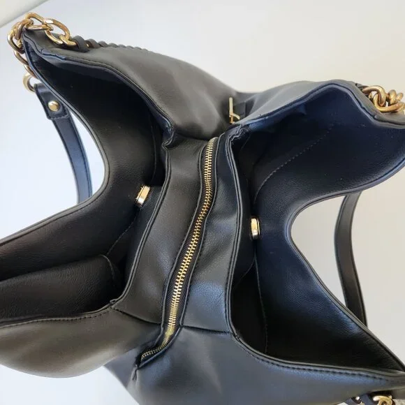 Bebe Black Faux Leather Bag Purse Large Gold Chains Glam Edgy Maximalism Loud - Picture 9 of 16